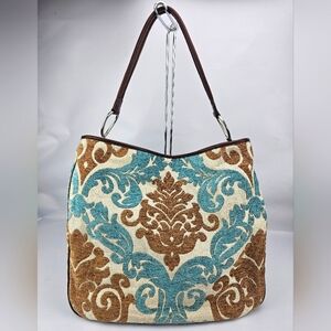 Glenda Gies Olivia Relaxed Chenille Tapestry Large Tote Bag Teal/Brown